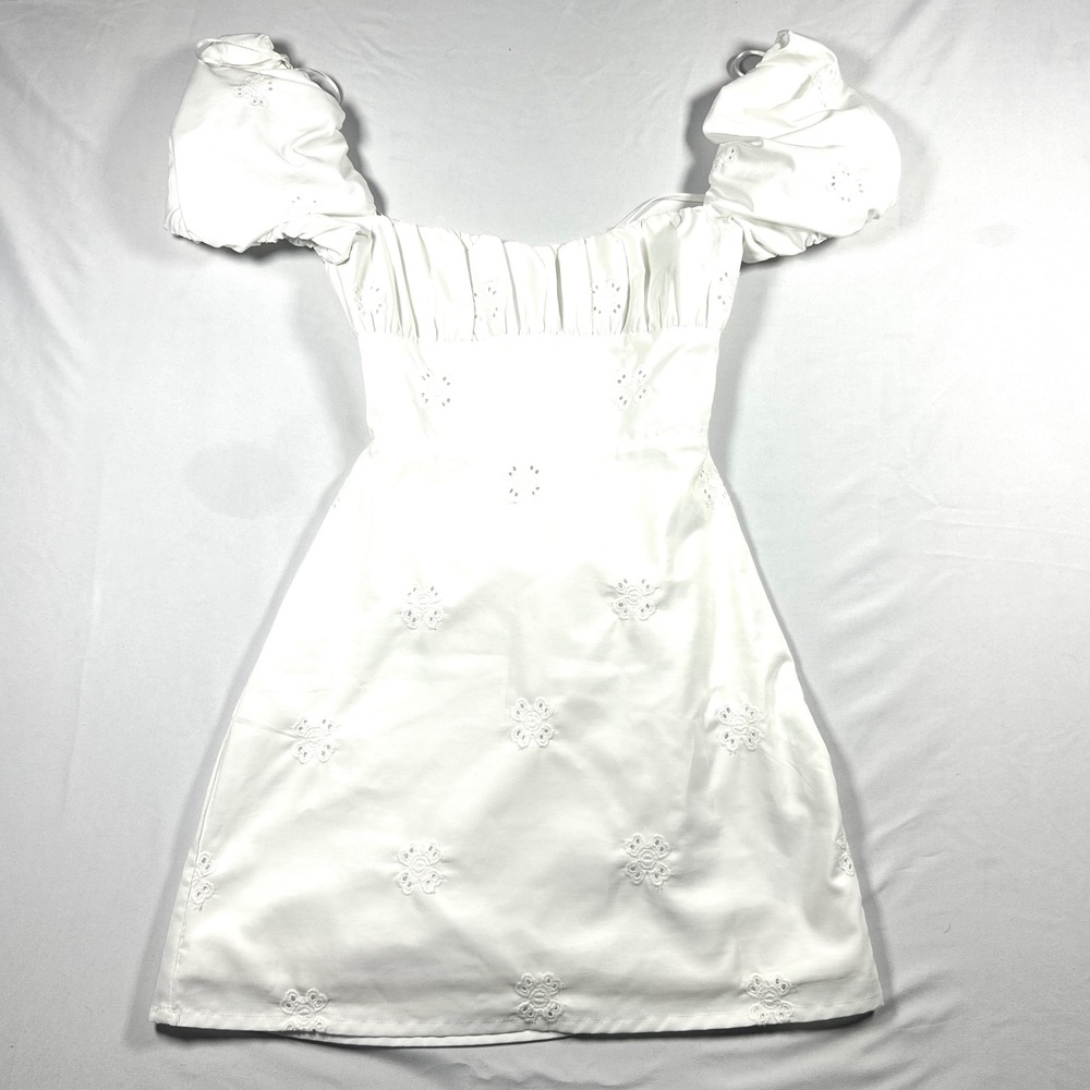 Zara White Eyelet Lace Up Back Mini Dress Puff Sleeve Sorority-Preference-Rush